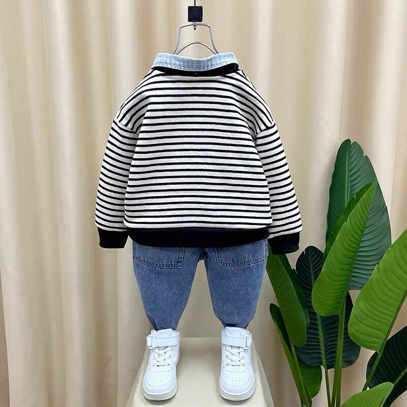 0-6Y Boys Spring and Autumn Set New Children's Striped Polo Top Jeans 2 Piece Baby Clothing Set Fashionable