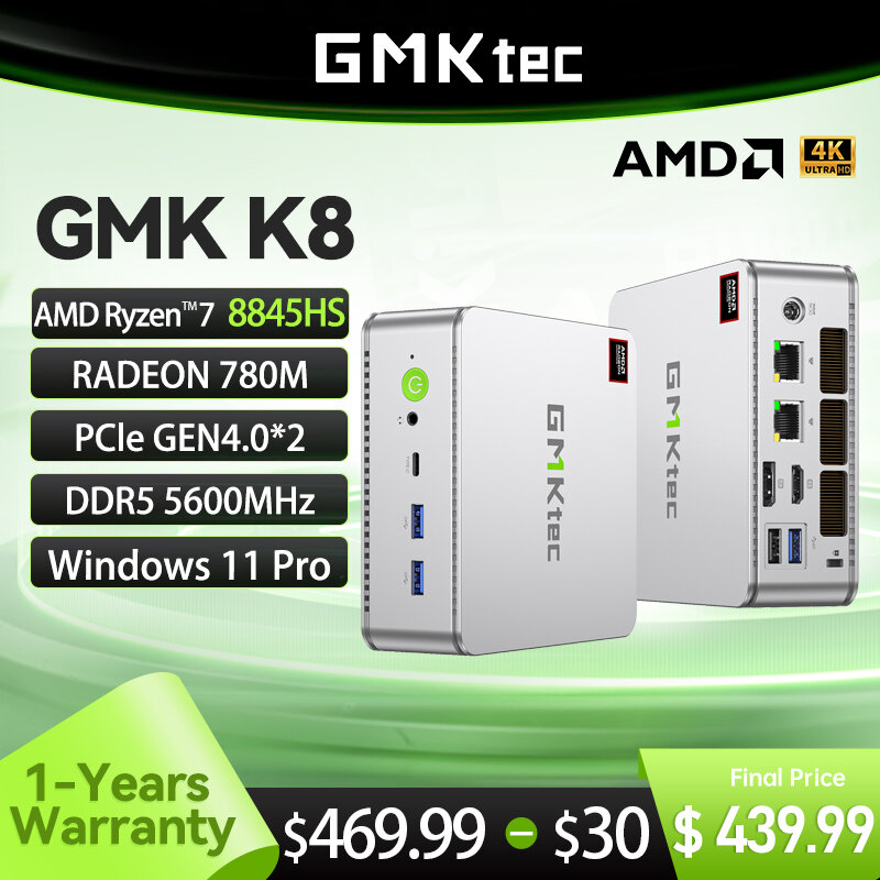 Gmktec gmk คอมพิวเตอร์ขนาดเล็ก K8 AMD R7-8845HS nucbox การออกแบบระบบพัดลมคู่หน้าต่าง11 Pro AMD Radeon™GEN4.0ระบบประสาท780ม. * 2 DDR5 5600MHz