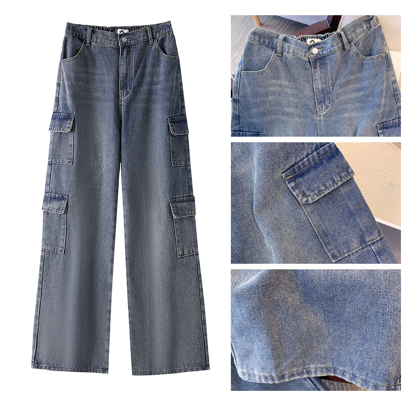 Calça jeans azul casual feminina, tecido jeans lavado, calça cargosa de bolso múltiplo, com deslocamento confortável e solto, tamanho grande, outono
