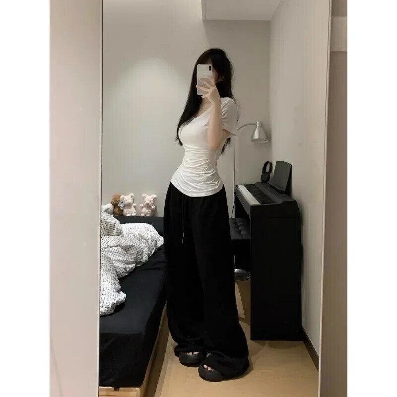 Deeptown-Calça cinza de perna larga feminina, calça esportiva casual oversize, streetwear da moda coreana, corredores retos vintage