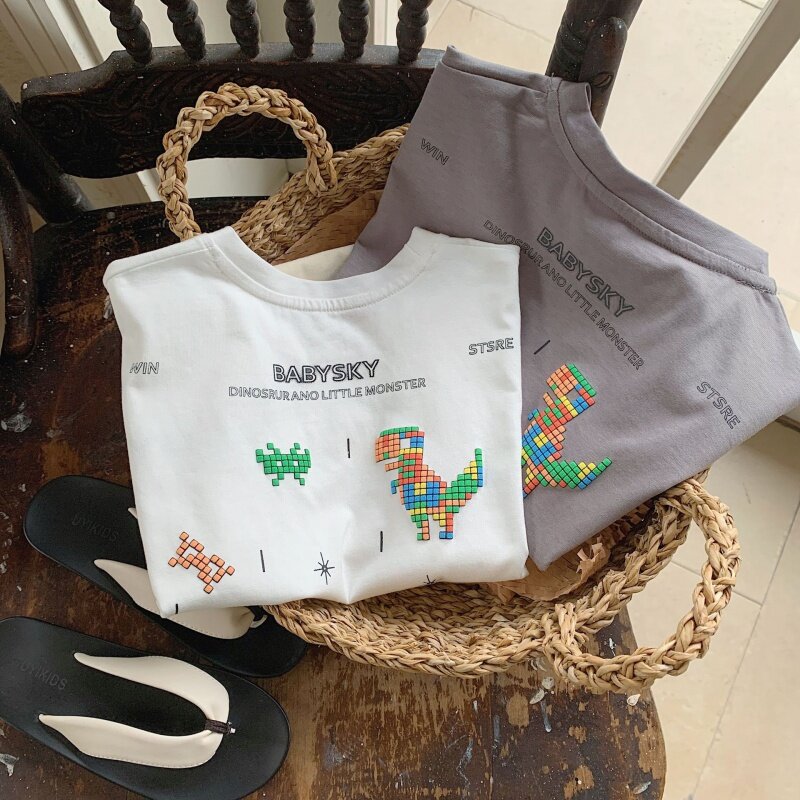 ChildrenTT-shirt2024Summer nowy tęczowy chłopiec dinozaur krótki G0125-WS z nadrukiem z krótkim rękawem dla dzieci