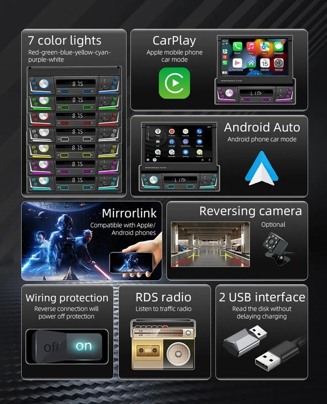 Reproductor Multimedia MP5 para coche, dispositivo inalámbrico con Android, HD, 7 pulgadas, CarPlay, vídeo, 1DIN, pantalla retráctil, Mirror Link, BT/FM/USB/AUX, 9606W