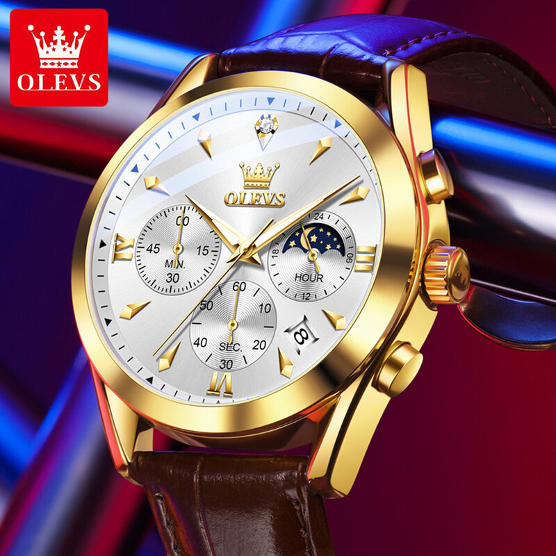 OLEVS 3609 NEW Men's Watches Trend Grey Multifunctional Chronograph Waterproof Moon Phase Auto Date Clock Men Wristwatch