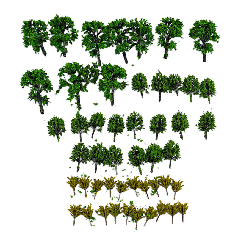 Árvore em miniatura de plástico artificial, paisagem, trem, ferrovia, decoração, construção, paisagem, micro acessórios, 50pcs