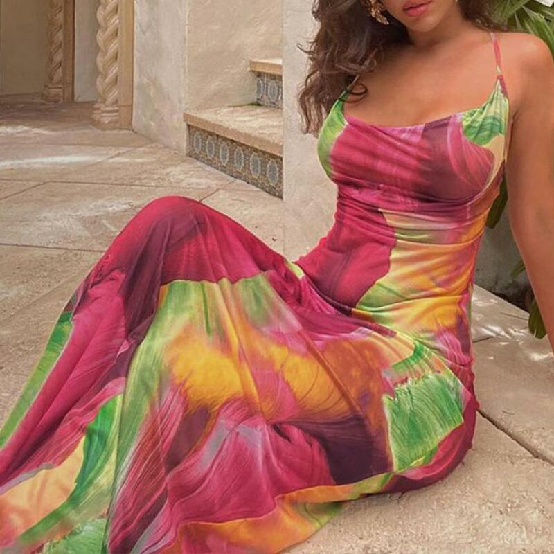 Elegancki kwiatowy Print Spaghetti pasek sukienka Maxi z odkrytymi plecami dla kobiet lato szczupła seksowna długa sukienka z szelkami stroje wakacyjne na plaży