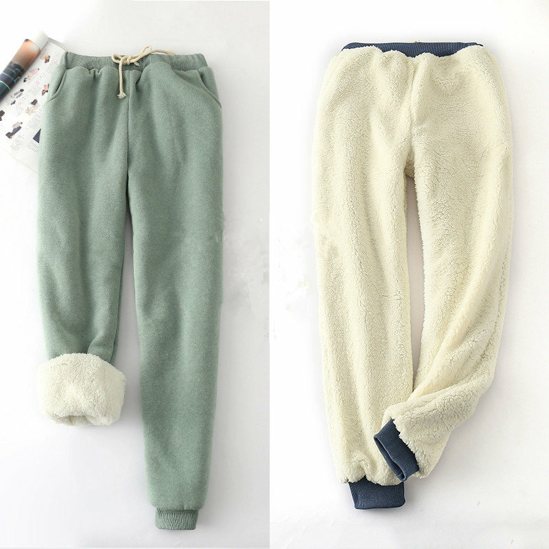 Pantaloni invernali in vita elasticizzati più spessi in pelle di agnello pantaloni larghi in cotone tinta unita pantaloni caldi Casual da donna