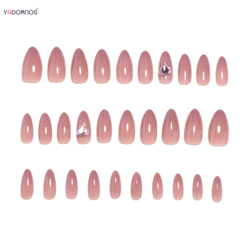 30pcs Blush Pink Fake Nails Almond Press on Nails Rhinestone Designed Ballerina False Nails Tips for Women Girls DIY Manicure