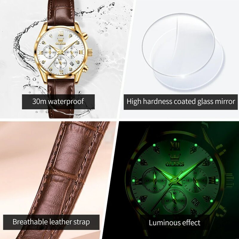 Relógio de pulso feminino de quartzo respirável, pulseira de couro, ponteiros luminosos, 30m, resistência à água, cronógrafo, senhoras
