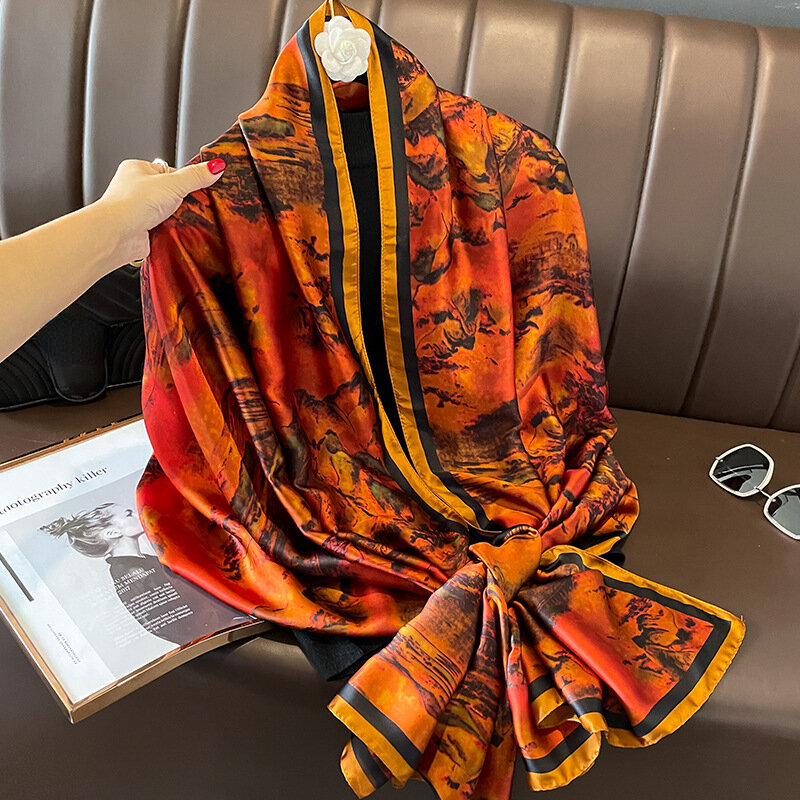 Fashion Print Sunscreen Silk Scarves 180X90CM Style Big Shawls Luxury Satin Finish Beach Towel Popular 2024 Dustproof Bandanna