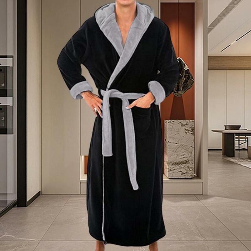 Hooded Bathrobe Soft Absorbent Men's Hooded Bathrobes Adjustable Belt Pockets Cozy Fluffy Shower Male Bathrobe Sleep Lounge