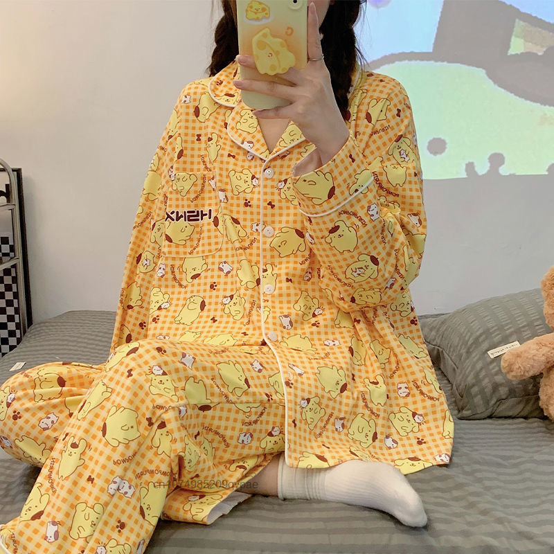 Женский пижамный комплект Sanrio в стиле аниме Cinnamoroll, новинка на весну, домашняя одежда Kuromi Y2k, милая одежда для сна в стиле преппи, топы и штаны для девочек, из двух предметов