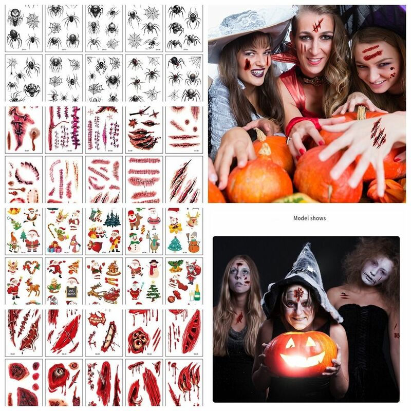 10 Vellen/Set Halloween Vakantie Feest Gezicht Make-Up Terreur Spider Litteken Masker Ontwerp Nep Tijdelijke Waterdichte Tattoo Sticker