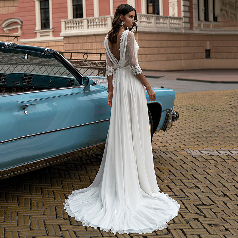 Boho chiffon laço vestido de casamento 2021 corte fenda v-neck 3/4 mangas compridas sem costas vestidos de noiva elegante boêmio vestidos de noiva branco