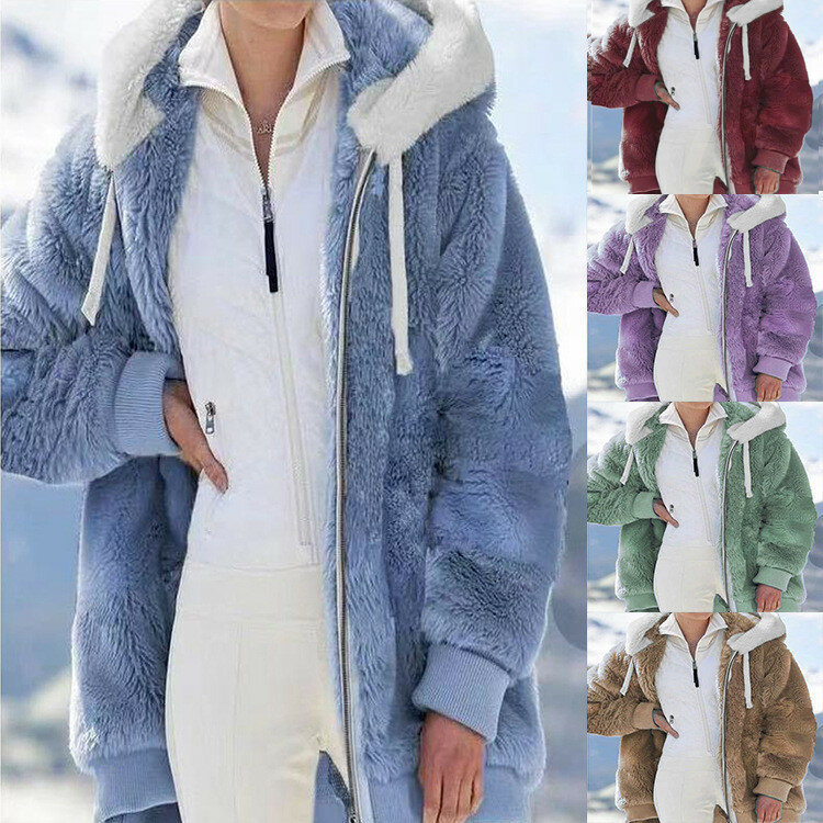 New In Spring Autumn Loose Plush Zipper Hooded Jacket Women's Coats and Jackets Women's Pink Clothes Winter Jackets Women Tops