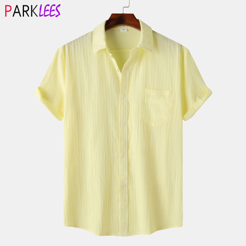 Żółta żakardowa letnia koszula plażowa męska 2024 zupełnie nowa krótka guzik na rękawie puchowa koszula hawajska na co dzień oddychająca wakacyjna koszulka