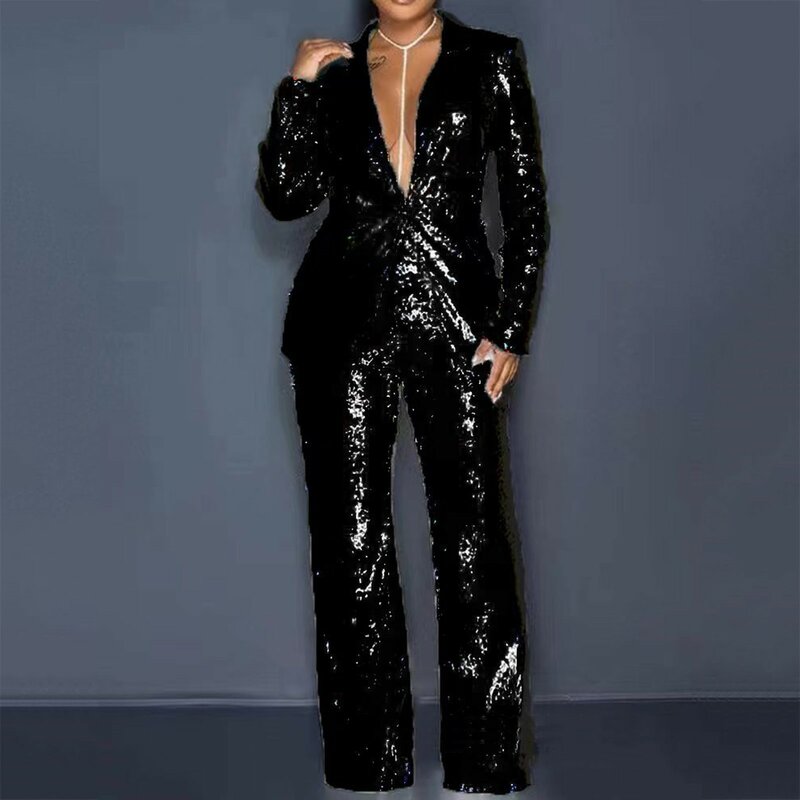 Женский брючный костюм из двух предметов, однотонный блейзер с длинным рукавом и блестками, пиджак с высокой талией и широкие брюки, весна 2024