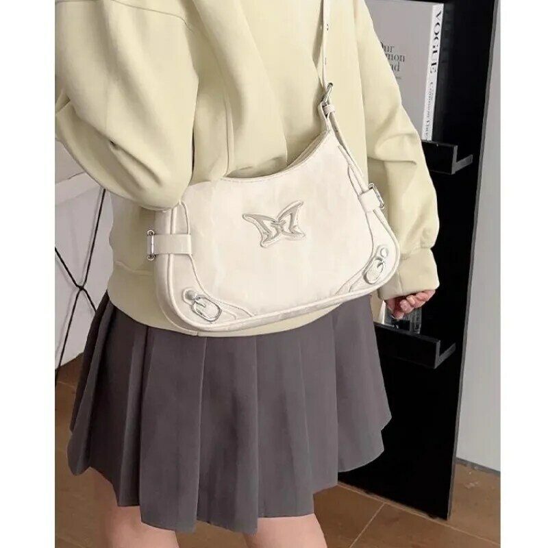 Bolsa de axila de couro xiuya-borboleta feminina, bolsa de ombro casual literária estética, estilo coreano, moda Y2K prateada, verão
