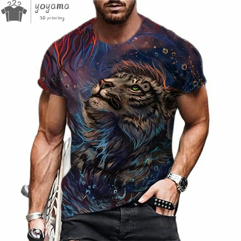 男性用3DプリントTシャツ,流行の夏のTシャツ,クラシックなライオンデザインのトップ,ストリートパーソナリティ,半袖ラウンドネックTシャツ