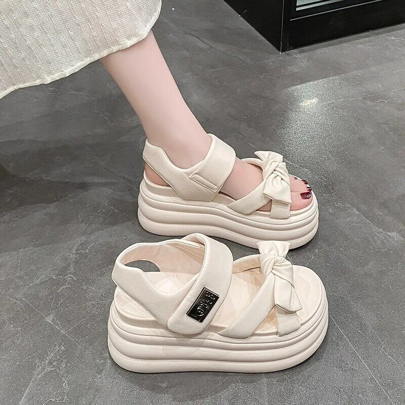 Sandalias de plataforma alta para Mujer, zapatos de tacón alto transpirables de 8CM, zapatillas de cuero con cuñas gruesas, 2024