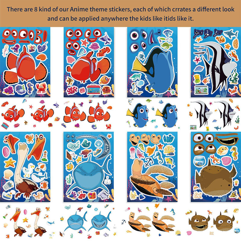 8/16 arkuszy Make A Face Disney Finding Nemo Puzzle naklejki DIY montaż układanka Cartoon Anime naklejki zabawki edukacyjne dla dzieci naklejki
