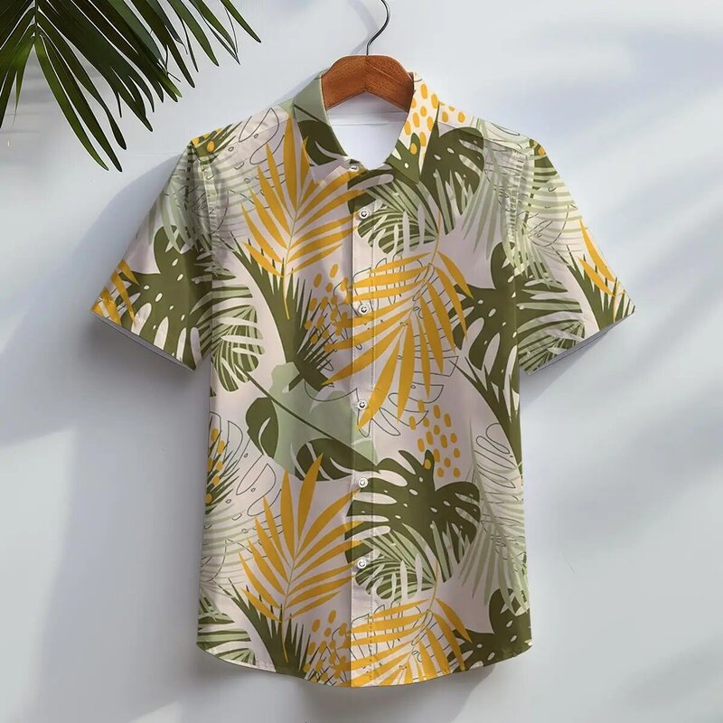 Herren hemden 3D-Druck Blatt Grafiken Mode Knopf Kurzarm Revers Streetwear Hawaii Pflanzen Bluse Hemden für Männer Sommer
