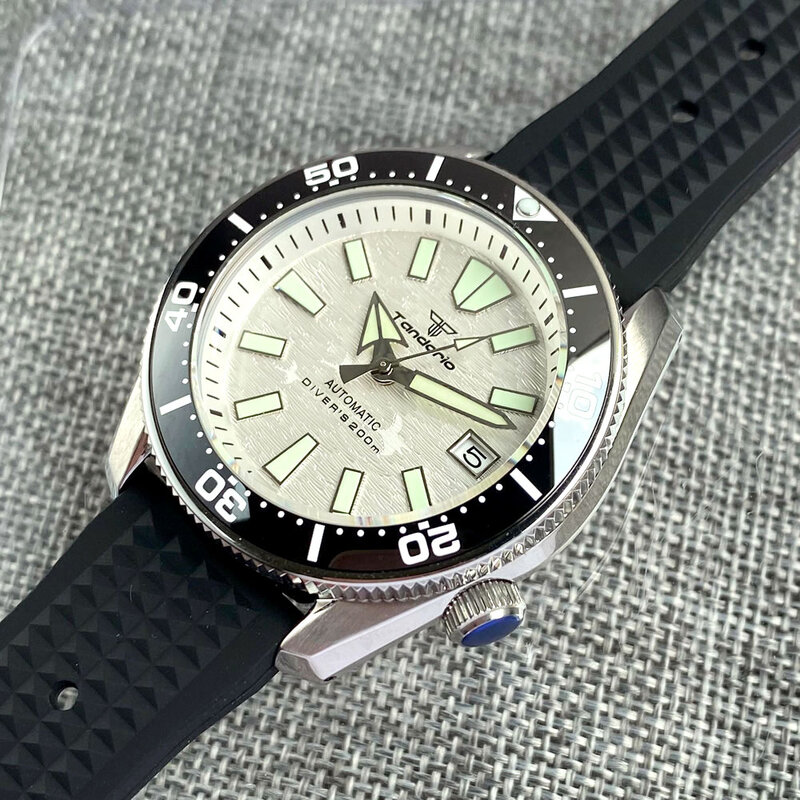 Jam tangan mekanis baja 3.8 merek Tandorio Diver Tandorio jam tangan pria NH35 Movt tahan air jam tangan gelang wafel hitam oranye/Putih Dial 42.5mm