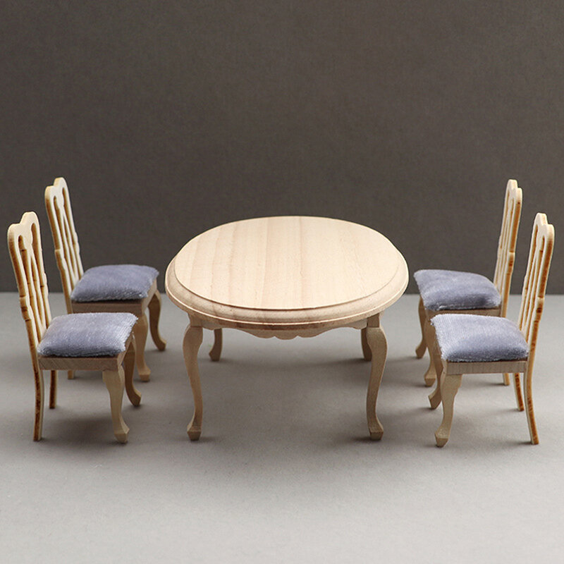 أثاث بيت الدمية المصغر طاولة طعام خشبية ، مجموعة كرسي لعب ، ديكور بيت الدمية ، 5 في كل مجموعة