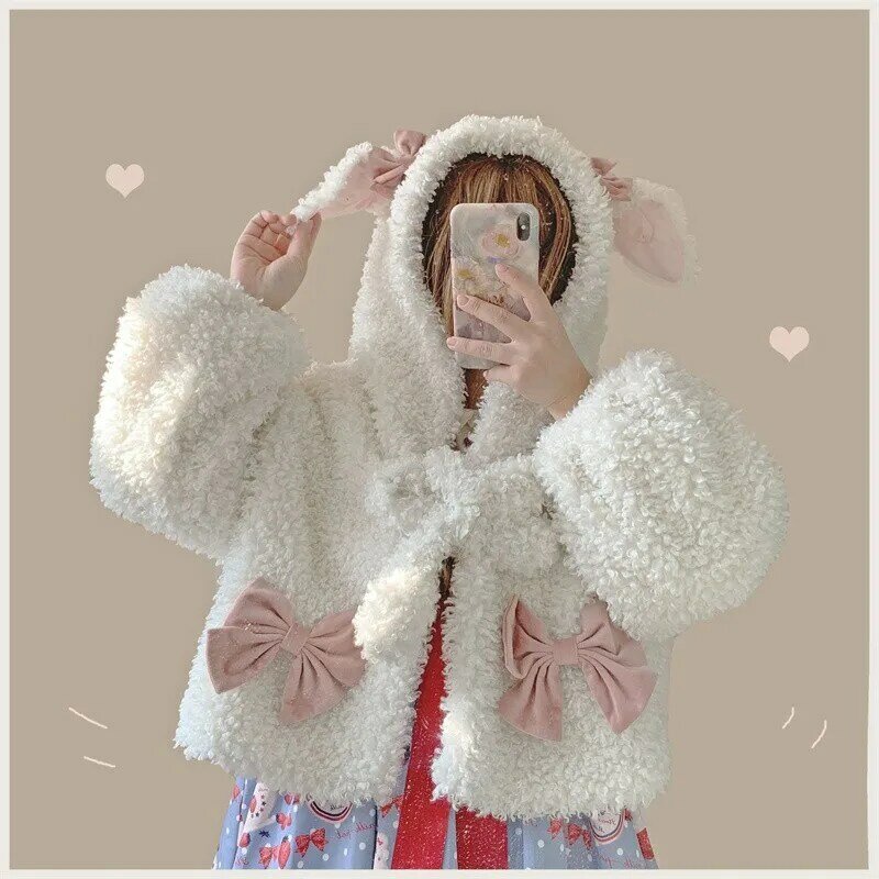 Японский девчачий сладкий Лолита пальто осень зима теплый мягкий плащ плюшевый заячьи ушки с капюшоном Накидка женская Kawaii Верхняя одежда Куртка