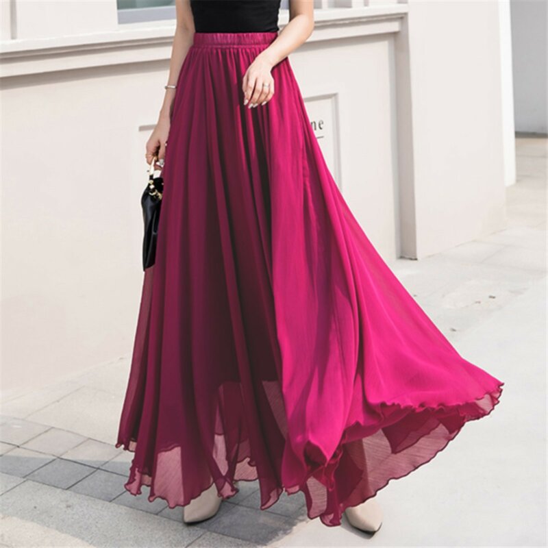 Summer Women's Solid Color Chiffon Skirt Women's High Waist Long Skirt