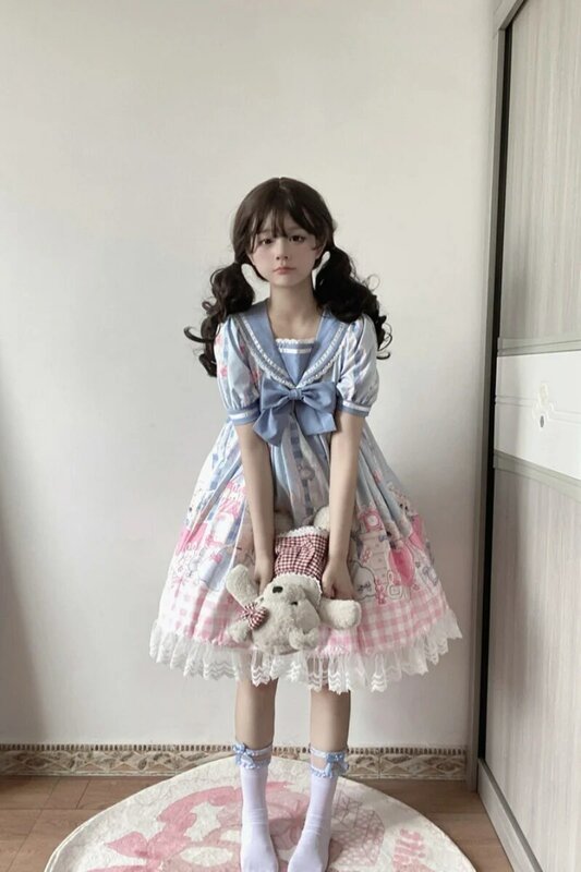 Vestido Lolita Japonês Doce Feminino, Arco Kawaii, Desenhos Animados, Vestido de Renda Azul, Vestido Princesa Manga Curta, Traje de Halloween, Presente para menina