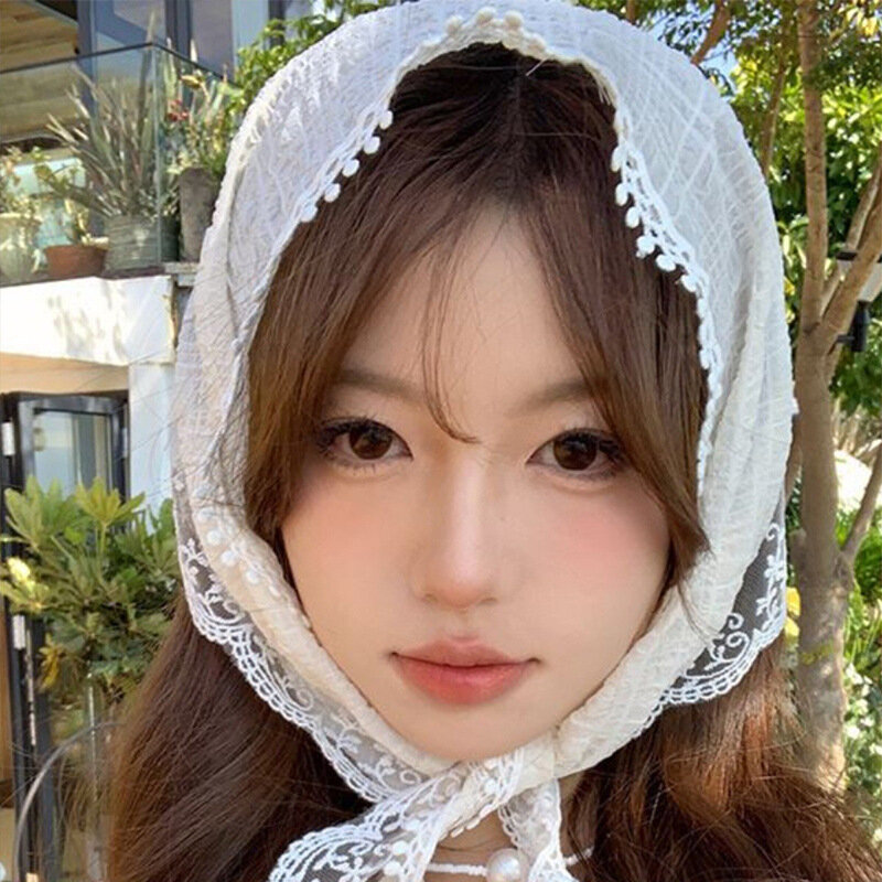 Koreański Ins koronkowa chusta na głowę kobiet Retro trójkątna opaska na włosy torebka na włosy czapka zdjęcie z podróży opaska Turban akcesoria