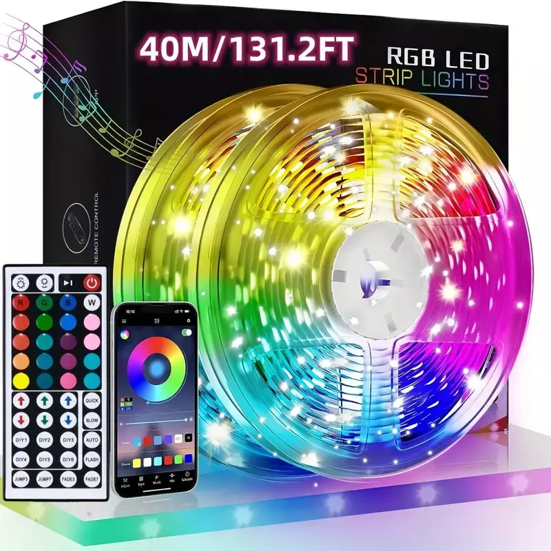 Tira de Luces LED con USB, iluminación RGB 5050, Bluetooth, 44 teclas, Control por aplicación Wifi, sincronización de música para fiesta y PC, 1-40M