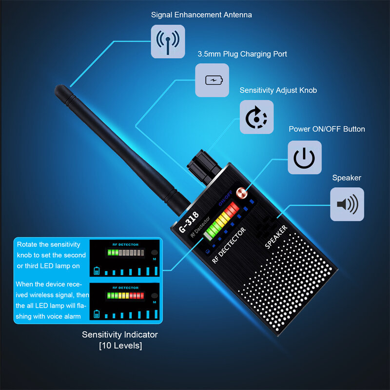 Detector de señal RF inalámbrico G318, buscador de cámara oculta, localizador GPS, rastreador, cámaras de teléfono, detección de rango completo, escáner de insectos de Audio GSM