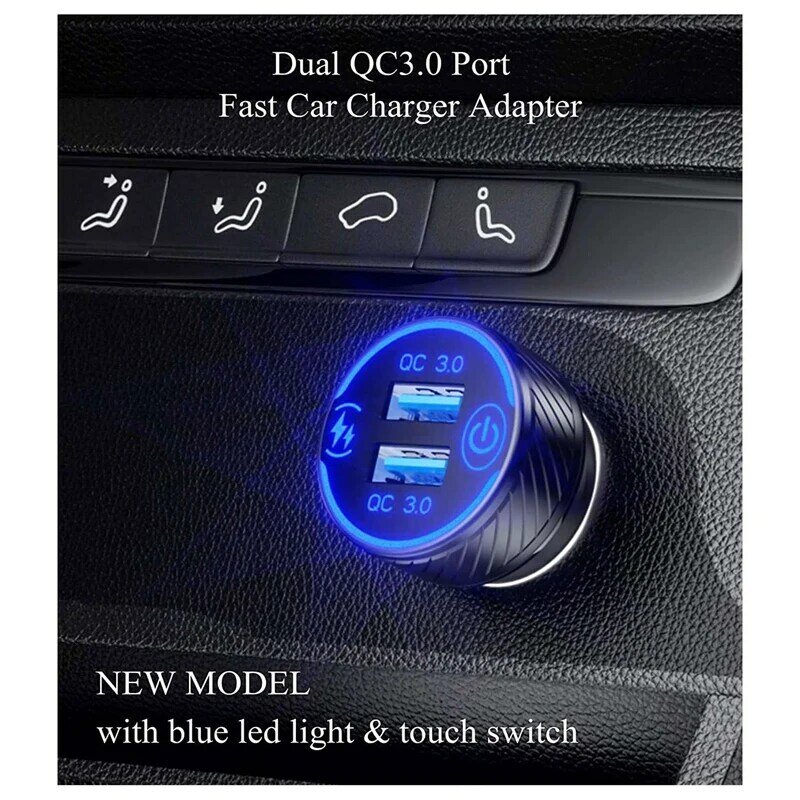 شاحن سيارة USB مع مفتاح لمس وأزرق ليد ، محول شحن سريع ، منافذ QC3.0 مزدوجة ، شاحن هاتف سيارة