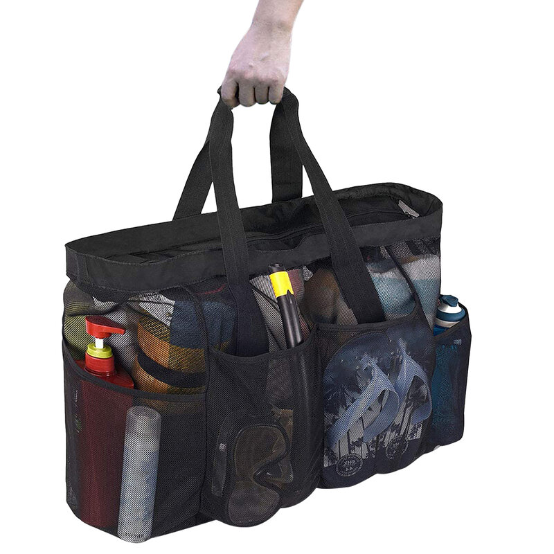 Bolsas de playa de malla de gran capacidad para hombro, bolso de mano portátil de viaje con bolsillos pequeños para toallas, juguetes, zapatillas