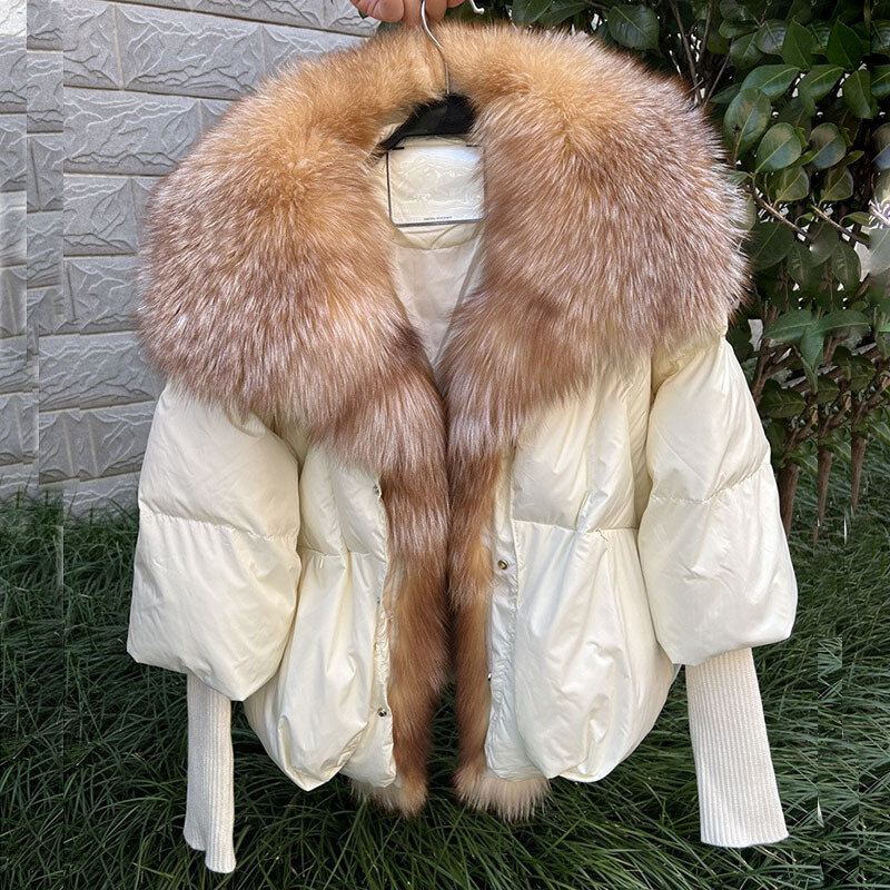 Jaqueta de pato com gola de pele de raposa real feminina, casaco grosso quente, outwear de luxo feminino, nova moda, outono e inverno, 2023