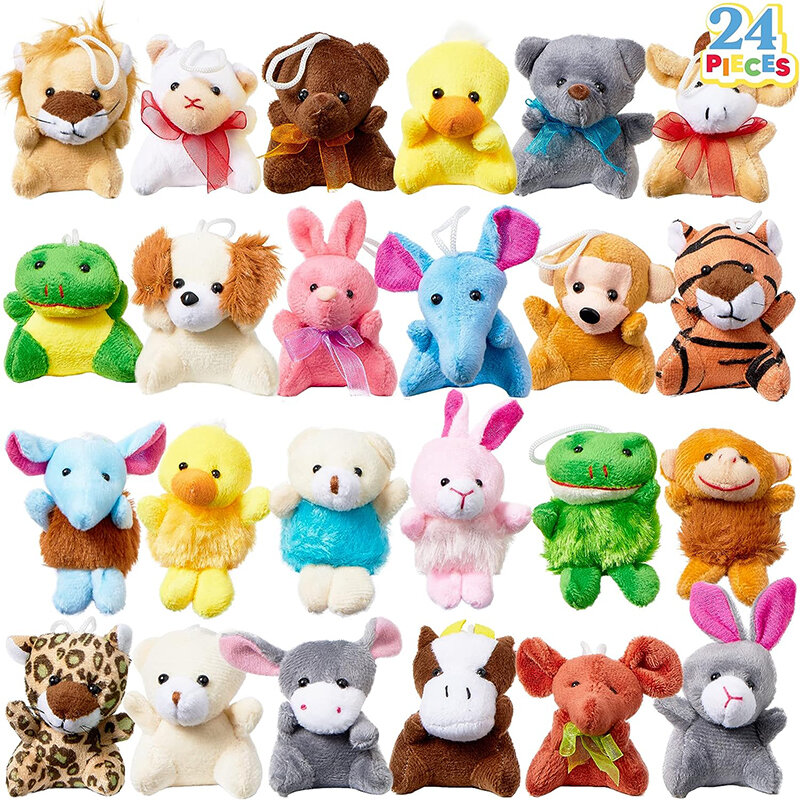 24 pak mainan boneka hewan Mini bermacam hewan dekorasi gantungan kunci untuk anak-anak boneka kecil jumlah besar untuk hadiah karnaval mesin cakar