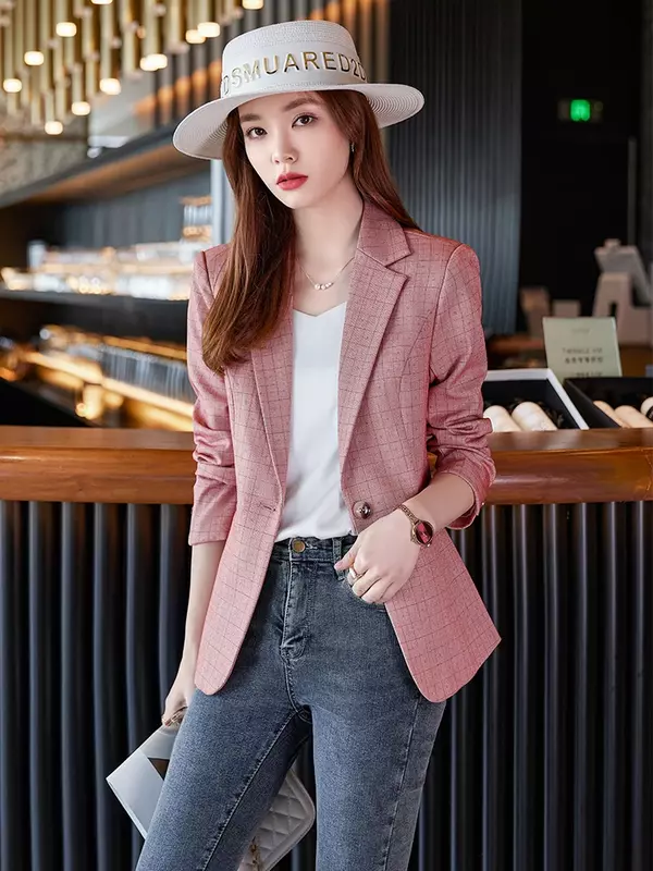 Blazer feminino de manga comprida xadrez de botão único slim fit, fato formal, rosa, preto, xadrez, roupa de trabalho empresarial, casaco feminino