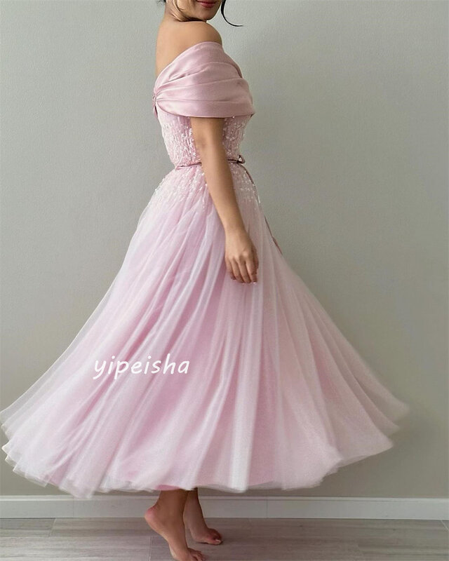 Tulle Sequined Beading Ruched Evening A-line Off-the-shoulder Bespoke Occasion Gown Midi Dresses