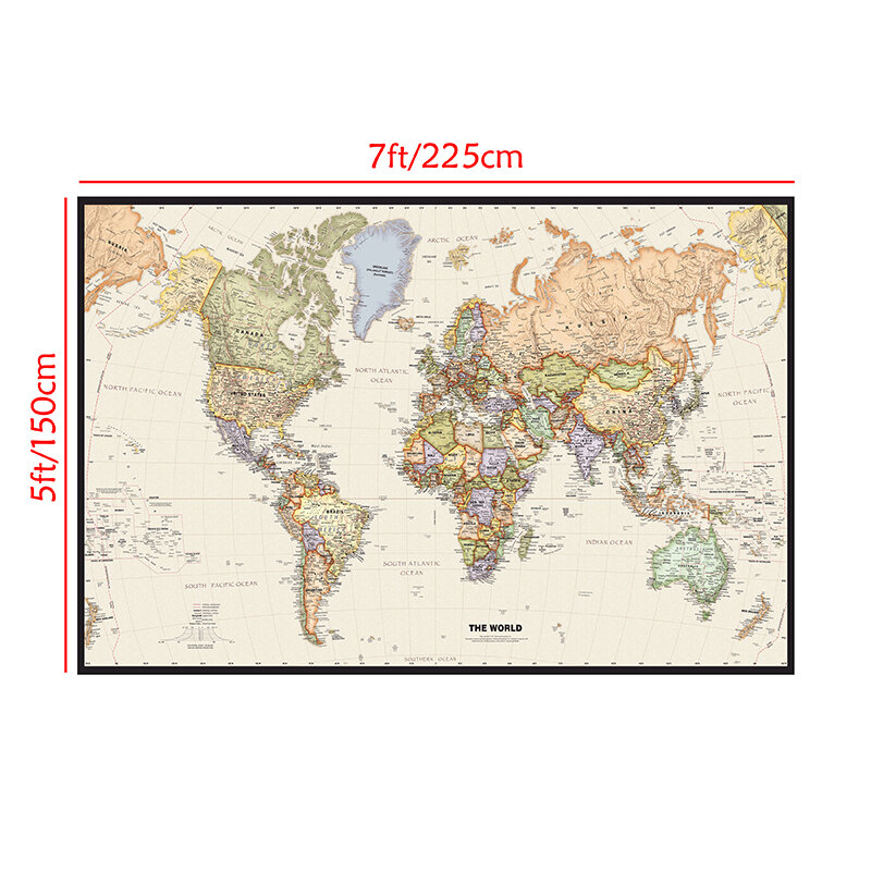 225*150 mapa świata szczegółowy obraz klasyczna ściana plakat artystyczny włóknina płótno do malowania w szkole Office Home Decoration