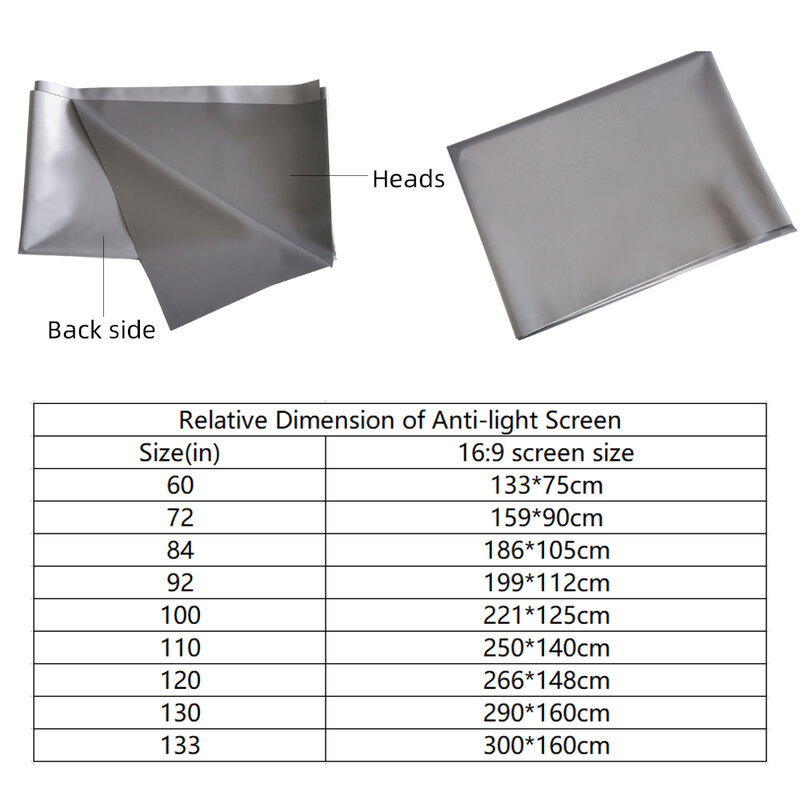 VEIDADZ Projector Screen 60 72 84 92 100 110 120 130 133inch 16:9 Foldable Anti-Light Grey Reflective Cloth for Home Party Movie