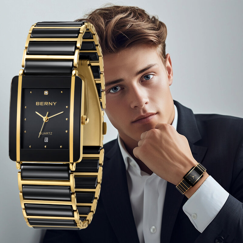 Berny-男性用セラミッククォーツ時計、長方形腕時計、黒と金、防水、カレンダーdiy、カップルファッション、高級、xv12