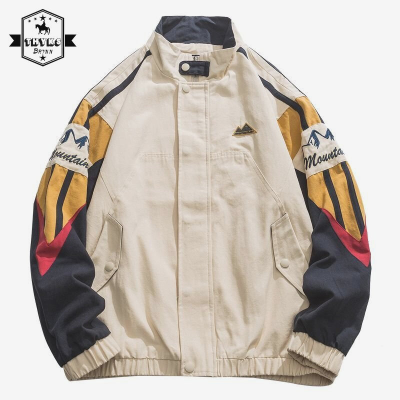 American Stand Collar Coat uomo autunno Harajuku High Street giacca da boxe colorata Unisex Oversize Patchwork uniforme da Baseball