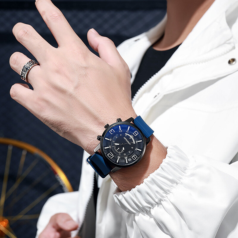 Модные Повседневные стереоскопические Цифровые кварцевые Силиконовые часы из синего стекла для мужчин