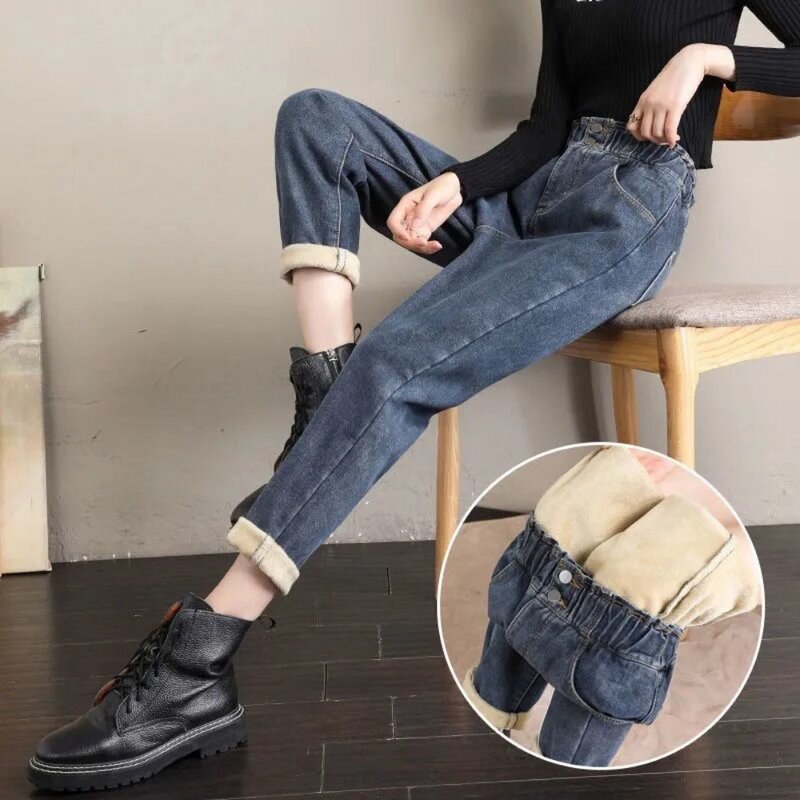 Streetwear Warm Winter Velvet Jeans donna coreano Fashion Harem elastico a vita alta pantaloni studente Baggy Casual Blue Denim Pants