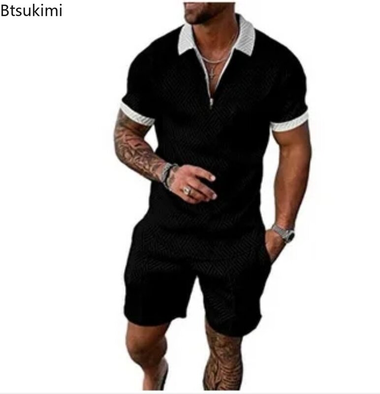 Homens 3D Print Zipper Lapela Polo Shirt e Shorts Conjuntos, Streetwear de grandes dimensões, Roupas de verão, Conjuntos 2pcs, 2024