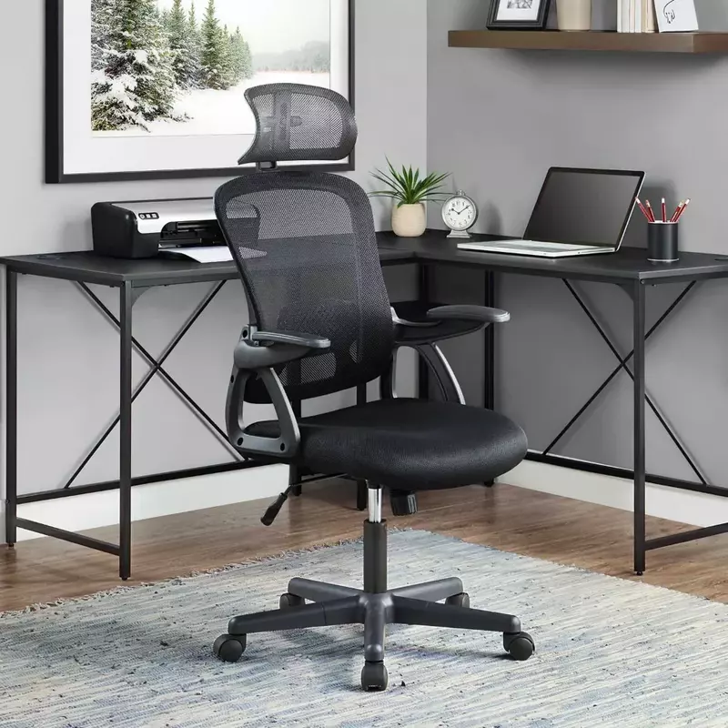 LISM kursi kantor ergonomis dengan sandaran kepala dapat disesuaikan, kain hitam, kursi game kapasitas 275lb