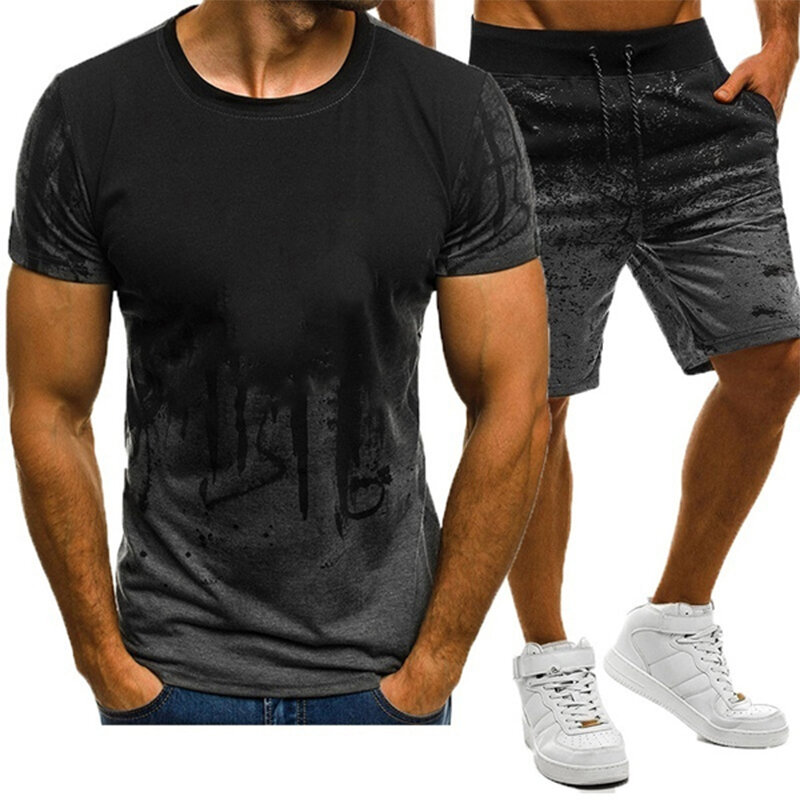 Camiseta de Fitness holgada para hombre, trajes de baloncesto informales, chándal de manga corta con cordón, conjunto de 2 piezas de gran tamaño, Verano