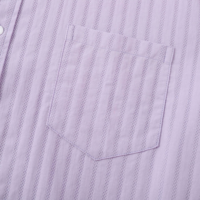 남성용 라벤더 보라색 수직 줄무늬 자카드 비치 셔츠, 2024 여름 반팔, 통기성 캐주얼 파티 휴가 슈미즈