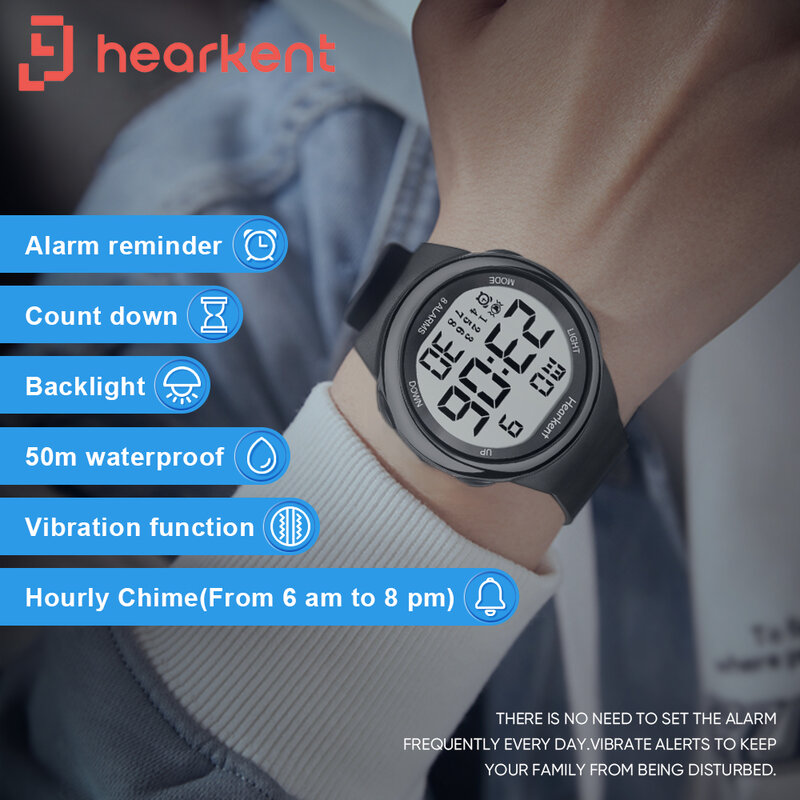 Hearkent-Relógio de choque digital impermeável masculino, visor de luz traseira, contagem regressiva, alarme, cronômetro, surdo ou sênior, moda
